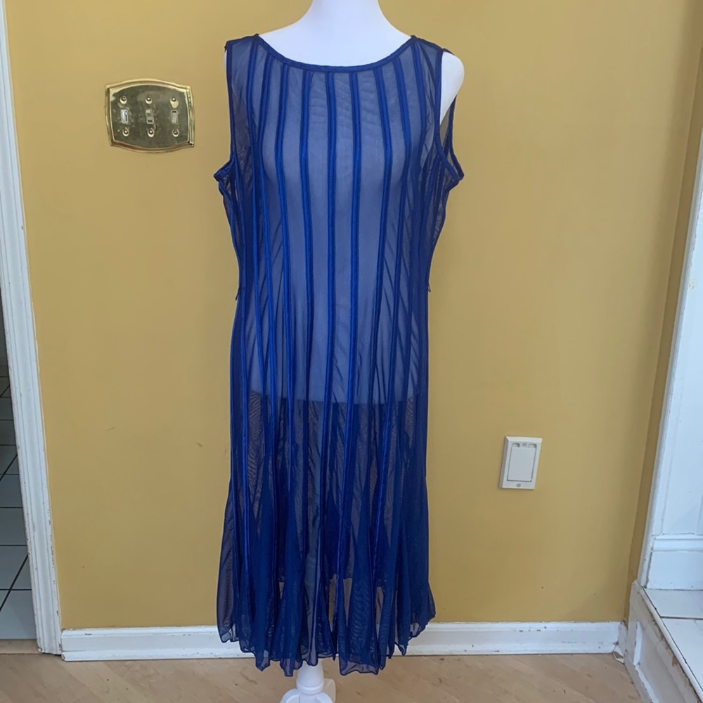 💗Blue mesh stripe sheer sleeveless dress